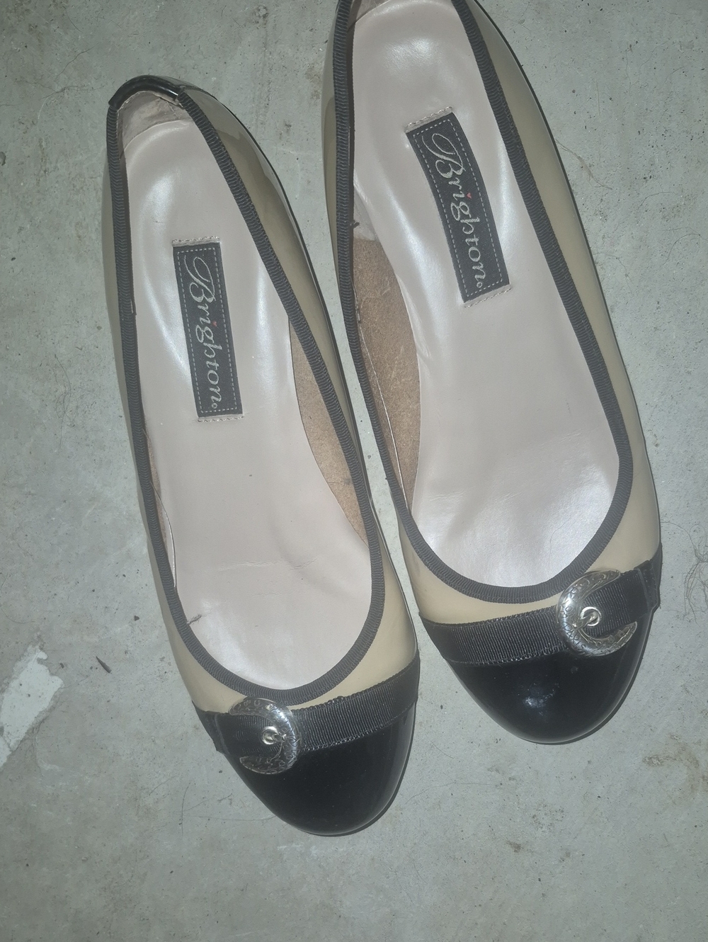 Brighton Cream and Black Cap-Toe Ballet Flats with Silver Accent